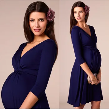 Dojčenie Šaty Materskej Oblečenie pre Tehotné Ženy Oblečenie Pevné V-neck Tehotenstva Šaty Matky Nosiť Večerné Šaty