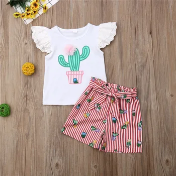 Dospievajúce dievčatá oblečenie Baby Girl Čipky Kaktus T-Shirt Stripe Nohavice, Oblečenie, Oblečenie Letné deti oblečenie roupas infantil menino
