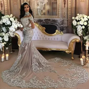 Dubaj Arabčina Luxusný Trblietavý 2020 Svadobné Šaty Bling Korálkové Nášivka Vysoká Krku Ilúzie Dlhé Rukávy Morská Víla Nevesta Šaty Šaty