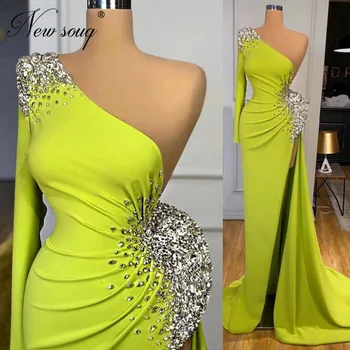Dubaj Crystal Sprievod Šaty Vlastné Arabčina Jedného Pleca Split Štrbinou Prom Šaty Zelené Osobné Večerné Nosenie 2021 Vestidos
