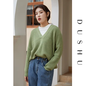 DUSHU Plus veľkosť v krku nadrozmerné pletený sveter Ženy jeseň zima black bežné pulóver Žena knitwear vintage jumper top
