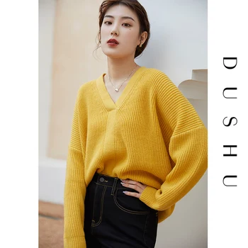 DUSHU Plus veľkosť v krku nadrozmerné pletený sveter Ženy jeseň zima black bežné pulóver Žena knitwear vintage jumper top