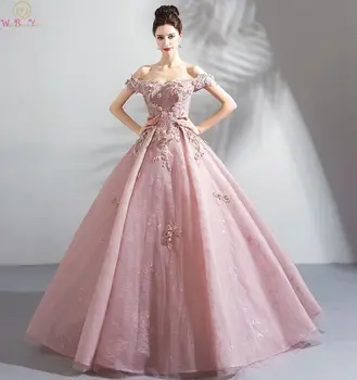 Elegantné Ružové Quinceanera šaty 2020 Nové Appliques Ramena Lištovanie guľové Šaty Čipky Prom Formálne Tylu Župan De Soiree