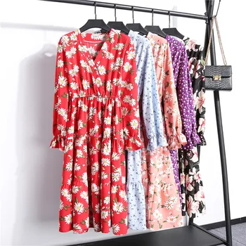 Elegantný Kvetinový Tlač Ženy Office Šaty 2020 Jeseň Dlhý Rukáv, V-Neck Tričko Šaty Bežné Vestidos Úsek Pás A-line Šaty