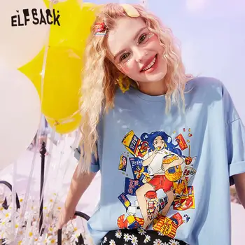 ELFSACK Multicolor Grafické Tlače Bežné Harajuku T-Shirts Ženy 2020 Lete ELF Nový kórejský Štýlové Dámy Denné Základné Topy