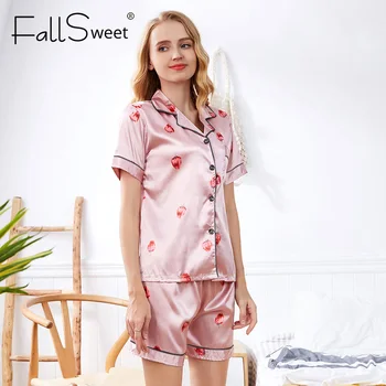 FallSweet Ženy Pyžamo Nastaviť Hodváb Krátke Rukávy Sleepwear Jahoda Vytlačené Roztomilý Odev