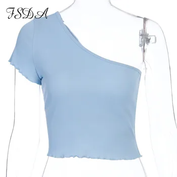 FSDA Lete Roztomilý Jedného Pleca Plodín Top Ženy 2020 Volánikmi Modrá Sexy Tričko Basic Krátky Rukáv Bežné Tričko Topy Dámske Oblečenie