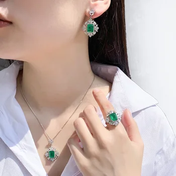 FXLRY Módne, elegantné AAA zelenými zirkónmi vintage náhrdelník prívesok náušnice krúžok jewerly sady pre ženy