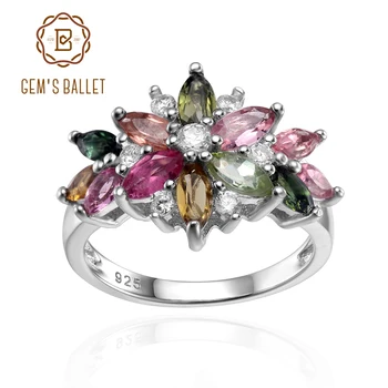 GEM BALET Prírodné Multicolor Drahokam Kvet Krúžok Reálne 925 Sterling Silver Turmalín Prstene Pre Ženy Zapojenie Šperky
