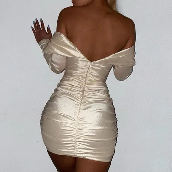 Giyu Sexy Satin Žena Šaty, Nočný Klub Strany Ruched Bodycon Vestidos 2021 Jeseň Elegantné Mimo Ramenný Backless Mini Šaty