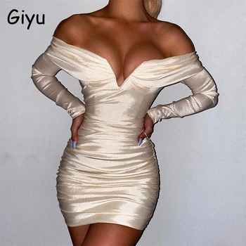 Giyu Sexy Satin Žena Šaty, Nočný Klub Strany Ruched Bodycon Vestidos 2021 Jeseň Elegantné Mimo Ramenný Backless Mini Šaty