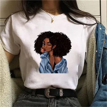 Harajuku Black Dievčatá Žena T Shirt Móde Koruny Tričko Ženy Čierne Africké Kučeravé Vlasy Dievča Tričko Femme Letné Topy Čaj