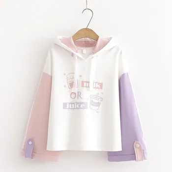 Harajuku Kawaii Dospievajúce Dievčatá Kapucňou Roztomilý Mlieko, Džús Cartoon Žena Mikina Mori Vintage Prekladané Sladké Pulóver Oblečenie