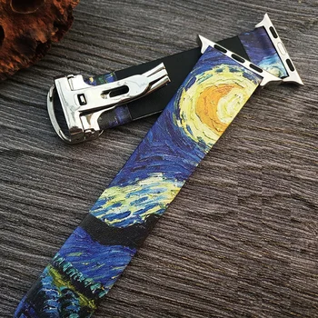 Hip-hop pravej Kože pásmo pre Apple hodinky 38 mm 40 mm 42mm 44 mm Van Gogh art tlač náramok na zápästie pre iwatch series 5 4 3 2