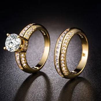 Huitan 2PC Svadobný Prsteň s Round Briliant Cubic Zirconia Luxusné Šperky Večnosť Lásky, Angažmán Snubné Prstene pre Ženy