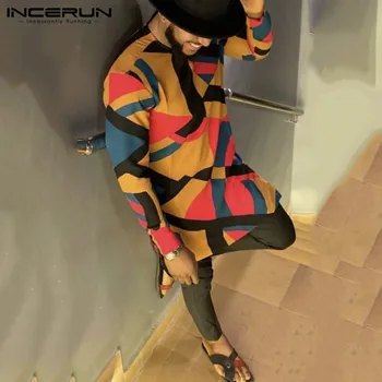 INCERUN 2021 Vintage Dashiki Tričko Mužov Afriky Vytlačené Dlhý Rukáv Kolo Krku Voľné Dlhé Topy Bežné Mužov Afriky Oblečenie S-5XL