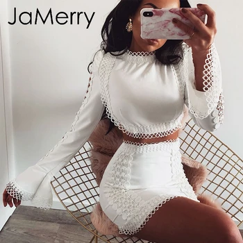 JaMerry Vintage elegantnej čipky bodycon šaty Biele dve dielna sada duté z jeseň šaty, oblek Zimné sexy party, klub, mini šaty