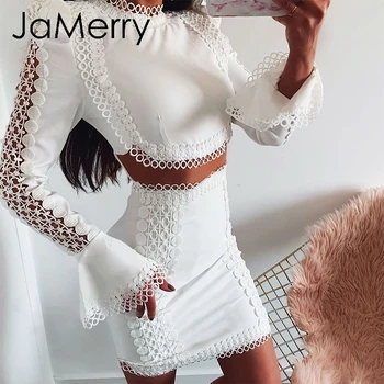 JaMerry Vintage elegantnej čipky bodycon šaty Biele dve dielna sada duté z jeseň šaty, oblek Zimné sexy party, klub, mini šaty