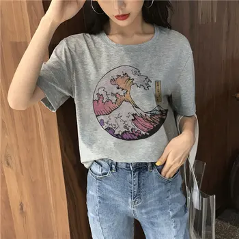 Japonsko Štýl Vlna Print T Shirt Estetické Ženy Lete Nové Krátke Sleeve T-Shirt Šedá O-Krku Topy Tees Ženskej Módy 2020 Femme