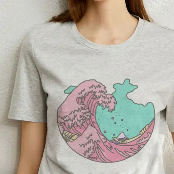 Japonsko Štýl Vlna Print T Shirt Estetické Ženy Lete Nové Krátke Sleeve T-Shirt Šedá O-Krku Topy Tees Ženskej Módy 2020 Femme