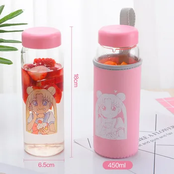 Japonské Kreslené Sklenené Fľaše 450 ml Vody, Šálka s Izolované Rukáv Študent Prenosné Fľaše na Mlieko, Džús, Káva Drinkware