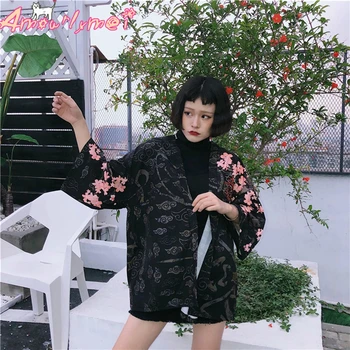 Japonský Harajuku Ženy Kimono Cardigan, Blúzky, Čínsky Drak Tlač 3/4 Rukáv V krku Voľné Bežné Slnko-ochranné Košele Kabát