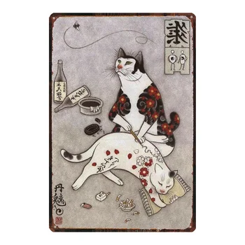 Japonský Samuraj Mačka Ošumelé Elegantné Tetovanie Mačky, Pet Tin Prihlásiť Doska, Kov Vintage Wall Art Bar Domova 30X20CM DU-2377