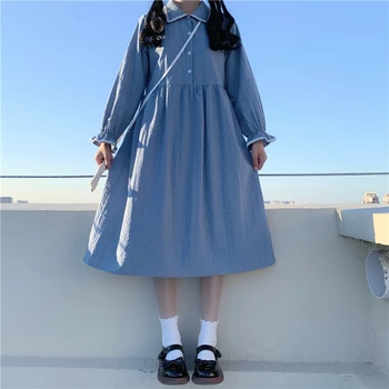 Japonský Štýl Sladké Modré šaty žien lete Dlhý Rukáv iny bábika golier Kawaii Lolita Šaty Mori Roztomilý Dievča Jar, Jeseň