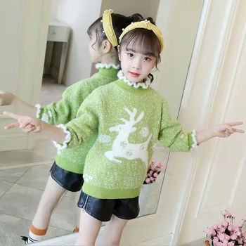Jar klesnutie tričko pre dievčatá teplá bunda teenage módne Vianoce dlhý rukáv noriek kožušiny softable pulóvre deti svetre