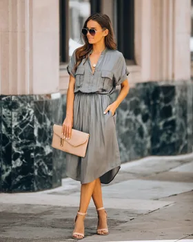 Jednoduché Jednofarebné Ženy Šaty Elegantné Office Tričko Šaty Krátke Rukáv Bežné Šaty Vestidos 2020 Lete Elastický Pás Šaty
