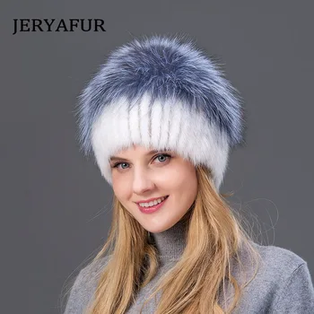 JERYAFUR ruský štýl zimné žena kožušiny klobúk pletené módne vlny noriek a fox kožušiny klobúk cestovné ochranu sluchu Ski Hat