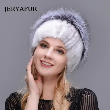 JERYAFUR ruský štýl zimné žena kožušiny klobúk pletené módne vlny noriek a fox kožušiny klobúk cestovné ochranu sluchu Ski Hat