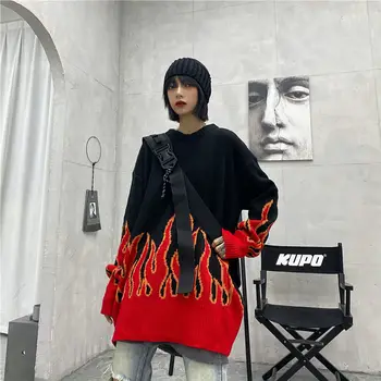 Jeseň 2020 kórejský módne Oblečenie kórejský Voľné Zrastov Plameň Mužov a Žien harajuku Hip Hop Streetwear O-krku Pulóver Sveter N23