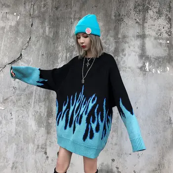 Jeseň 2020 kórejský módne Oblečenie kórejský Voľné Zrastov Plameň Mužov a Žien harajuku Hip Hop Streetwear O-krku Pulóver Sveter N23