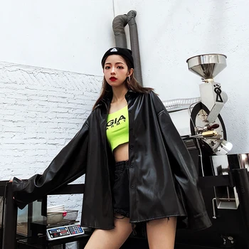 Jeseň Black Faux Kožené Sako Ženy Plus Veľkosť Ženskej Hip Pop Veľké Veľkosti Tenké PU Kabát Voľné PU Tričko Nadrozmerná Streetwear