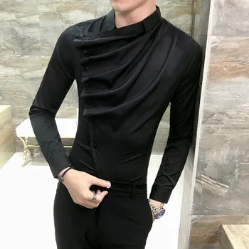 Jeseň Mužov Tričko Fashion 2021 kórejský Slim Fit Šaty, Košele Mens Dlho Rukáv Vpredu Zložiť Dizajn, Nočný Klub Smoking Tričko Mužov 3XL-M