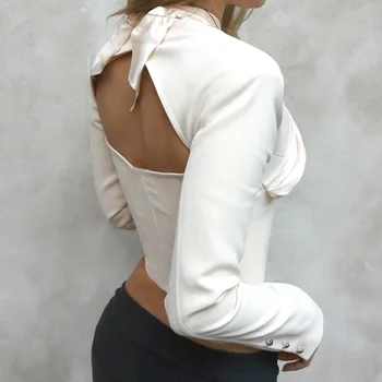 Jeseň Tlačidlo dekorácie Slim plodín topy ženy duté Backless Elegantné košele t-fashion party biela ležérny top košele