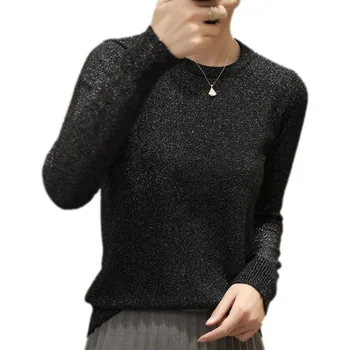 Jeseň zima nové jednofarebné o-krku base sveter ženy voľné pulóver dlhým rukávom svetlé hodváb sveter