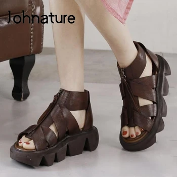 Johnature Platformu Sandále Originálne Kožené Dámske Topánky 2020 Nové Letné Zip Bežné Ploché S Retro Vysoké Podpätky Dámy Sandále