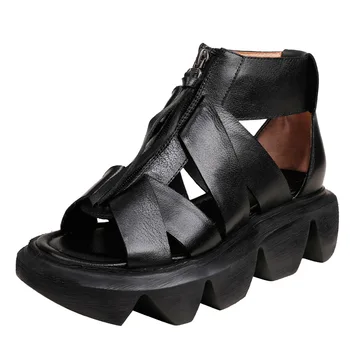 Johnature Platformu Sandále Originálne Kožené Dámske Topánky 2020 Nové Letné Zip Bežné Ploché S Retro Vysoké Podpätky Dámy Sandále