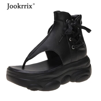 Jookrrix 2020 Ženy Lete Ženy Pu Kožené Sandále Pre Ženy Pohodlné Zvýšené Kliny Hrubé Topánky Čierne ZS2484