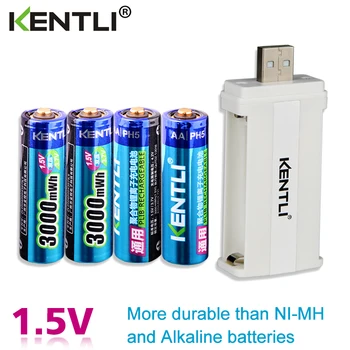 KENTLI 4pcs nízke samovybíjanie 1,5 v 3000mWh AA nabíjateľné Li-polymer li-ion polymer lithium batéria +1 USB inteligentné Nabíjačky