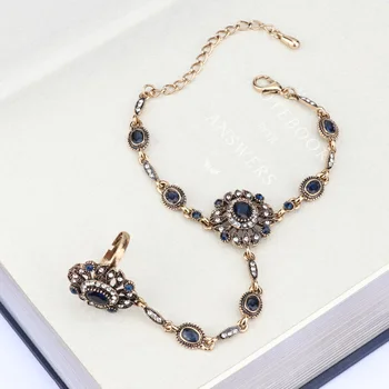 Kinel Turecký Šperky Set Blue Hlavný Kameň Náramok Odkaz Krúžok Pre Ženy Starožitné Zlata Mozaiky Crystal Vintage Svadba Šperky