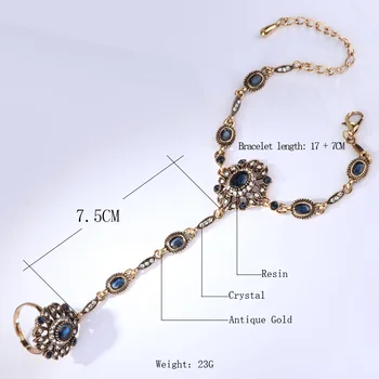 Kinel Turecký Šperky Set Blue Hlavný Kameň Náramok Odkaz Krúžok Pre Ženy Starožitné Zlata Mozaiky Crystal Vintage Svadba Šperky