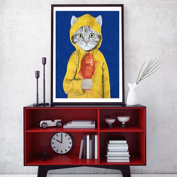Kreslených Mačka Ryby Plagáty A Vytlačí Plátno olejomaľba Králik Maliar Wall Art Obrázky, Obývacej Izby, detskej Izby Domova