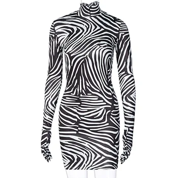 Kryptografické Zebra Zviera Tlače Módne Mini Šaty Bodycon Narodeniny Oblečenie Klubu Strany Dlhý Rukáv dámske Šaty Slim Vestidos