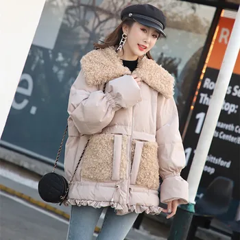 Kvalitné zimné kórejský módne nadol bunda ženy baránok vlasy šitie nadol bunda teplá zimná bunda krátka ženy nadol bunda