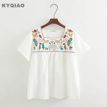 KYQIAO Etnických tričko 2020 mori dievčatá v lete Japonský štýl české hippie námestie golier, biela výšivka blúzka blusa