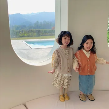 Kórejský štýl Jar dievčatá tvaru svetre vesta 2-7 rokov deti príležitostné celý zápas zrastov waiscoat Topy