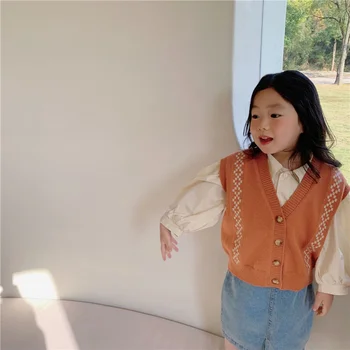 Kórejský štýl Jar dievčatá tvaru svetre vesta 2-7 rokov deti príležitostné celý zápas zrastov waiscoat Topy